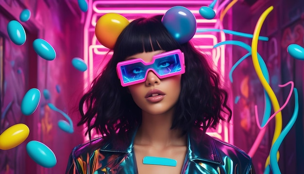 Photo a woman wearing neon glasses and a neon jacket