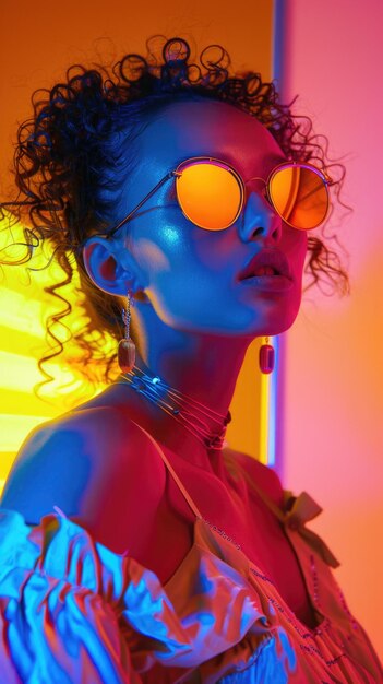 Foto una donna che indossa occhiali al neon in una stanza al neon