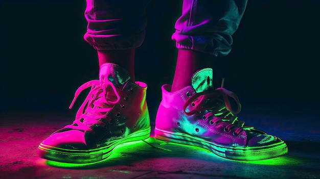 A woman wearing neon sneakers with the word nike on the bottom.