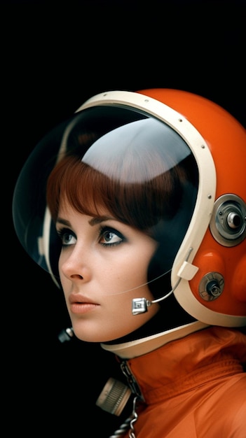 A woman wearing an orange astronaut helmet with the word apollo on the front.