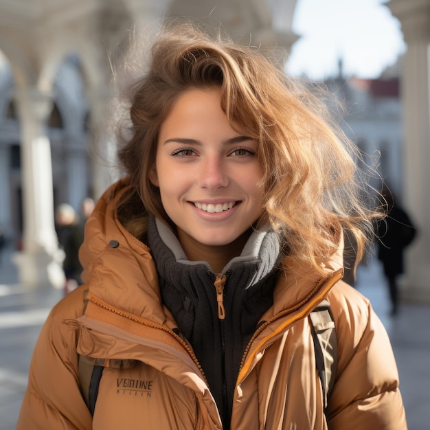 Una donna che indossa un cappotto arancione