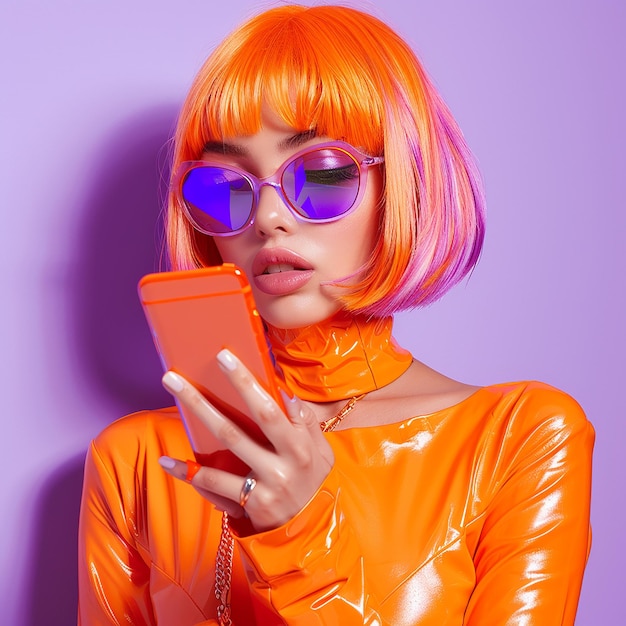 a woman wearing a orange dress with purple glasses and a cell phone in her hand