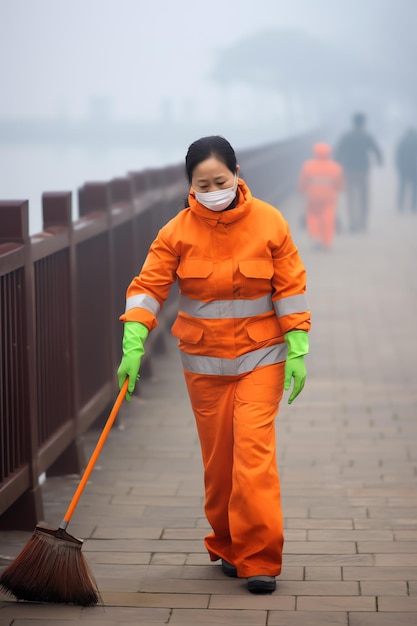 a woman wearing orange and green outfit and face mask walking on a sidewalk