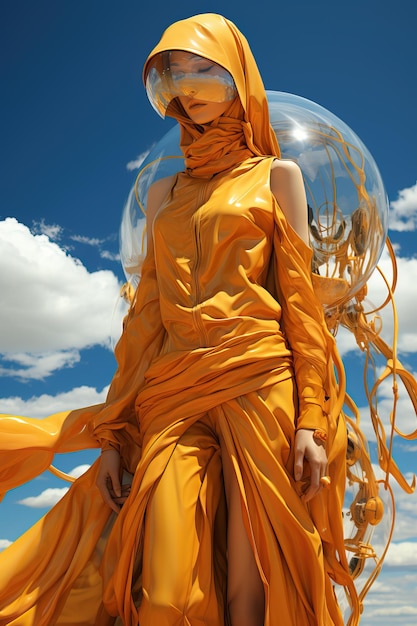 a woman wearing an orange outfit and a large bubble