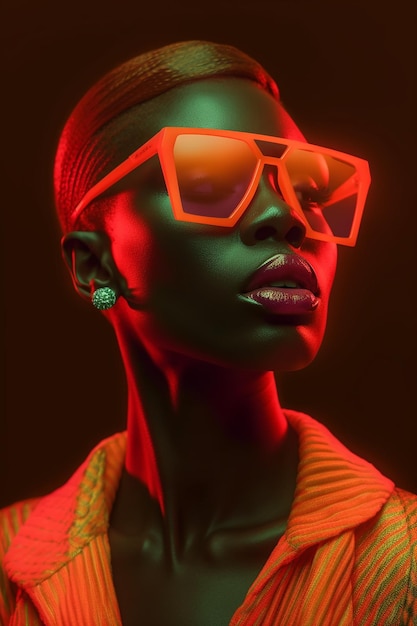 a woman wearing orange sunglasses with a green band around her neck