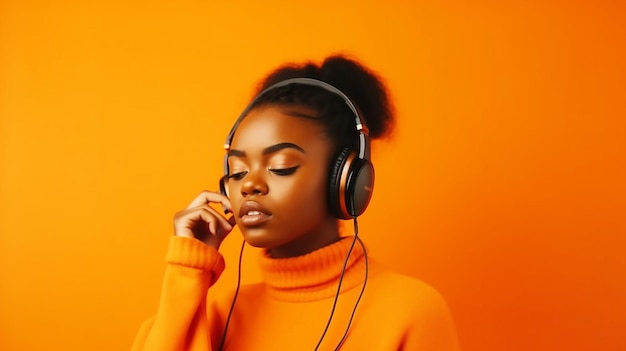 A woman wearing a orange sweater and a pair of headphones.