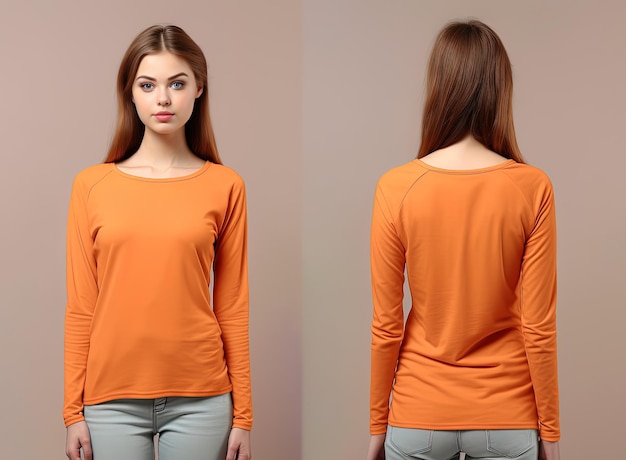 Woman wearing an orange Tshirt with long sleeves Front and back view