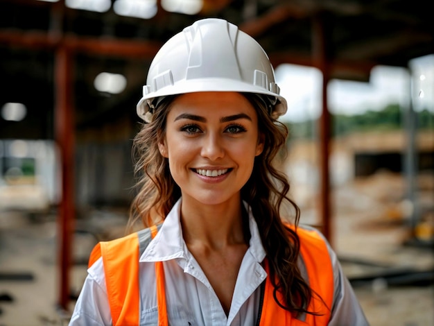 a woman wearing an orange vest that says quot she is wearing a construction workers helmet quot