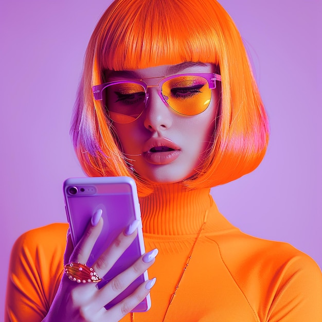 a woman wearing a orange wig and glasses is holding a phone