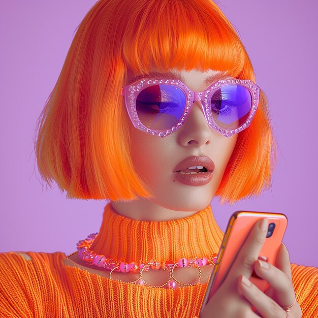 a woman wearing a orange wig and sunglasses holds a phone