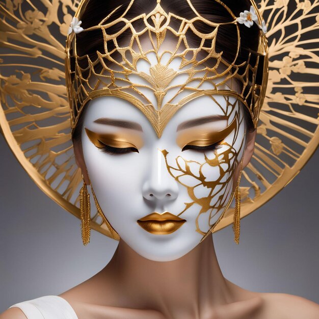 Woman wearing original porcelain kimono kaleidoscope mask