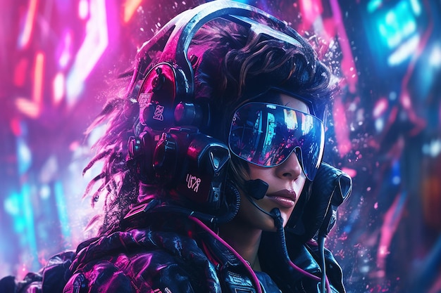 A woman wearing a pair of goggles and a headset with the word cyberpunk on it.