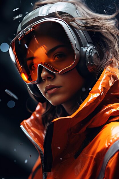 a woman wearing a pair of goggles with headphones on