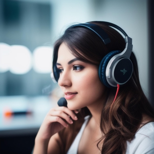 a woman wearing a pair of headphones with a cross on the top.