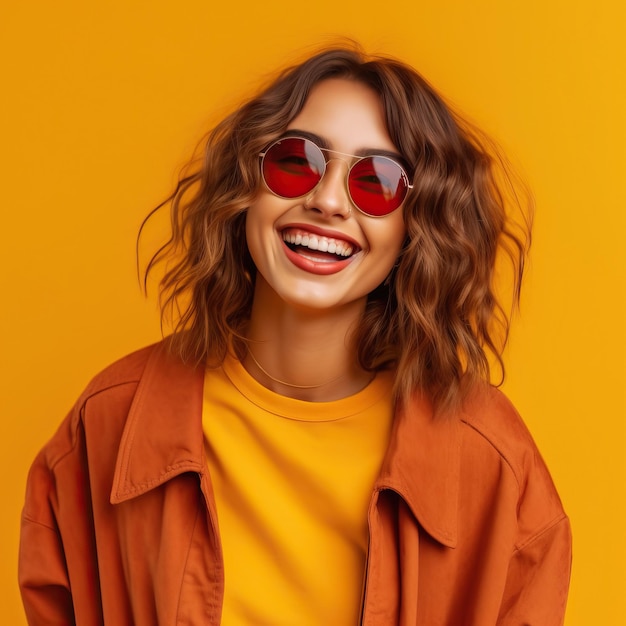 a woman wearing a pair of red sunglasses smiles against a yellow background