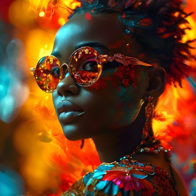 a woman wearing a pair of sunglasses with a colorful design on the face