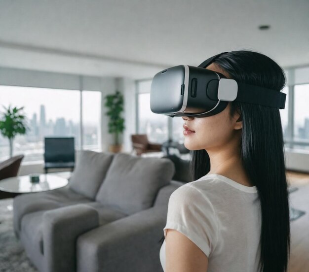 a woman wearing a pair of virtual reality glasses