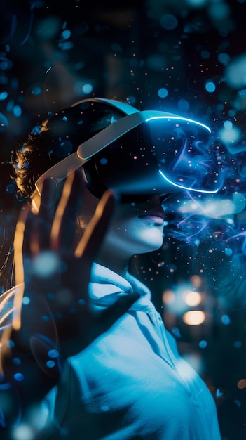 Photo a woman wearing a pair of virtual reality goggles is wearing a blue and white shirt