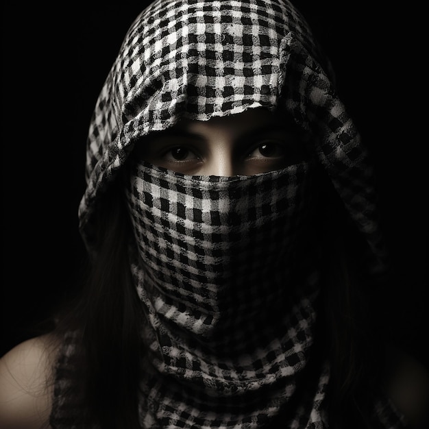 Photo woman wearing palestinian white keffiyeh