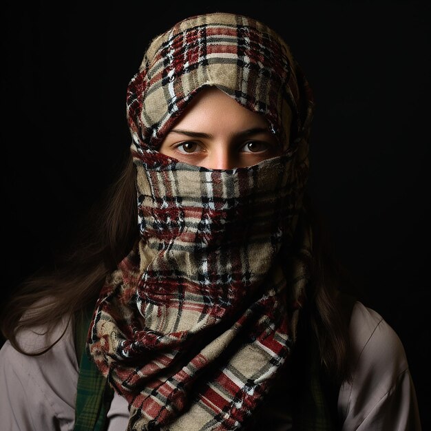 Photo woman wearing palestinian white keffiyeh