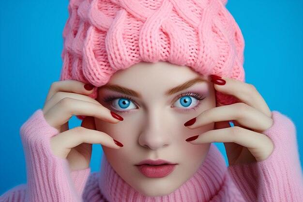 A woman wearing a pink beanie is laying on a blue background