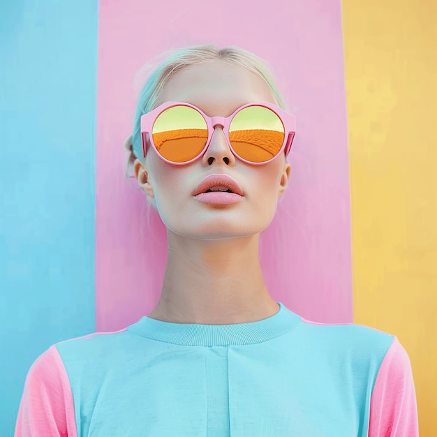a woman wearing a pink and blue shirt and sunglasses is posing in front of a colorful wall