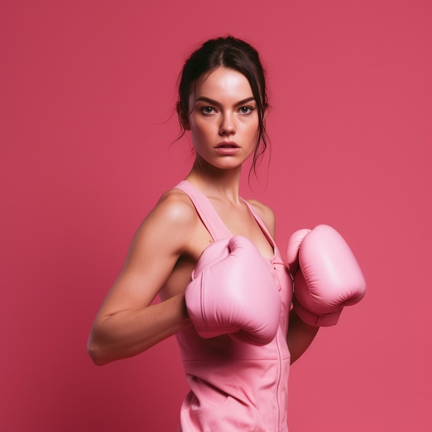Фото Женщина в розовых боксерских перчатках в поддержку осведомленности о раке молочной железы создано с помощью технологии генеративного искусственного интеллекта