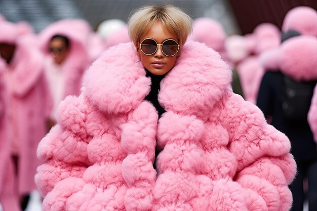 A woman wearing a pink coat and wearing sunglasses