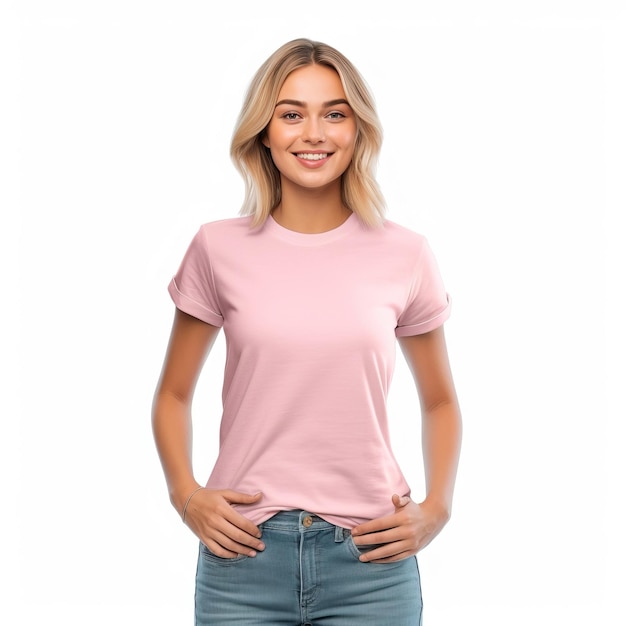 A woman wearing a pink cotton t - shirt with the word love on the front.