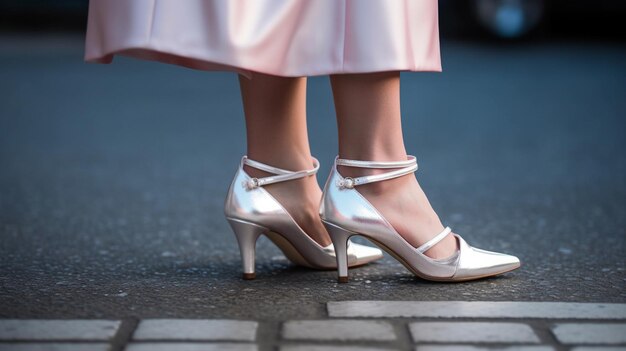 A woman wearing a pink dress and a silver high heeled shoe stands on a wet street.