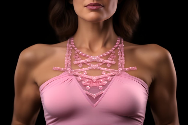 Женщина в розовом платье с сердечком спереди празднует Всемирный месяц борьбы с раком
