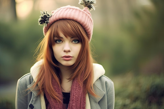 a woman wearing a pink hat and scarf