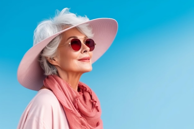 Женщина в розовой шляпе и солнцезащитных очках смотрит в небо.