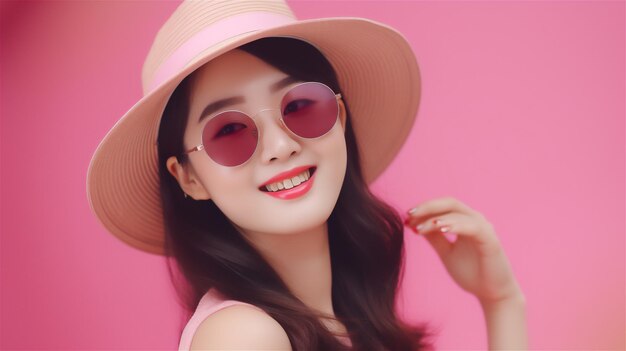 A woman wearing a pink hat and sunglasses stands in front of a pink background.