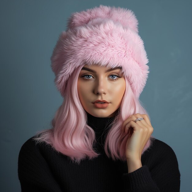 Photo a woman wearing a pink hat with a pink fur hat.
