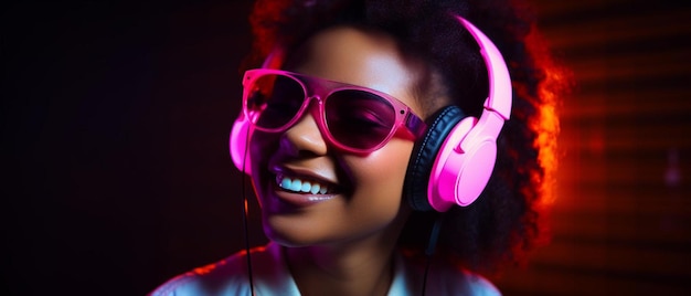 a woman wearing pink headphones and sunglasses