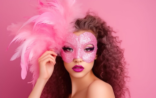 A woman wearing a pink mask with a pink feather on it on pink background