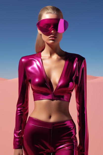 a woman wearing a pink outfit and sunglasses