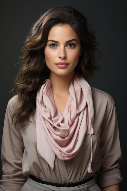 A woman wearing a pink scarf posing for a picture Digital image