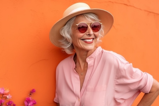 A woman wearing a pink shirt and hat stands in front of an orange wall.