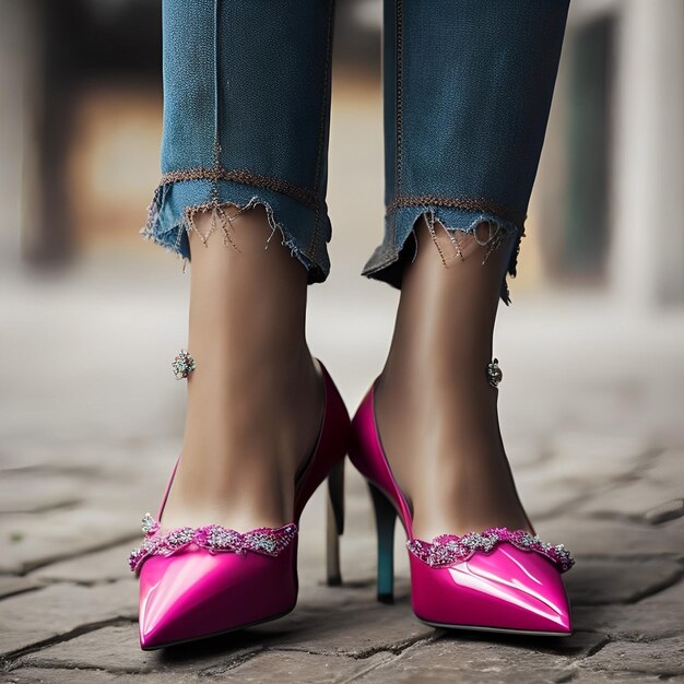 A woman wearing pink shoes with a flower design on the bottom.