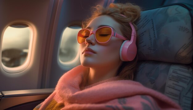 A woman wearing pink sunglasses sits in an airplane with a pink blanket and a pink headphones