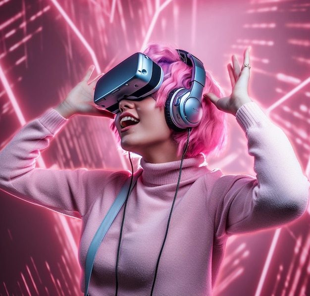 A woman wearing a pink sweater and a pink wig is playing with a virtual reality headset.