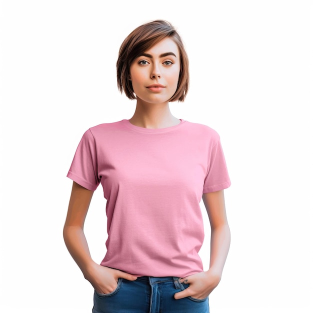 A woman wearing a pink t - shirt with the word love on it.