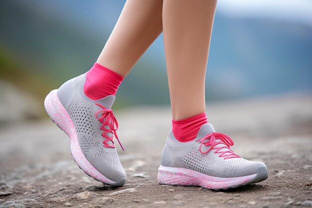 Woman wearing pink tights and grey sneakers