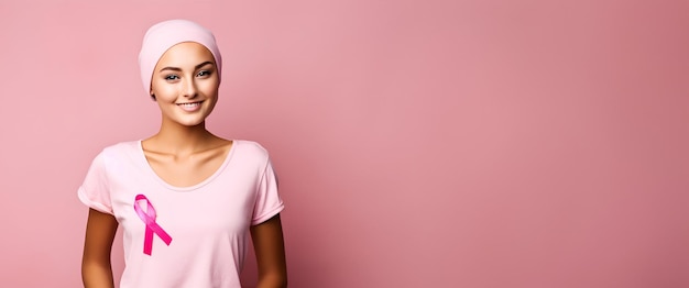 유방암 인식을 위한 분홍색 리본이 달린 분홍색 티셔츠를 입은 여성