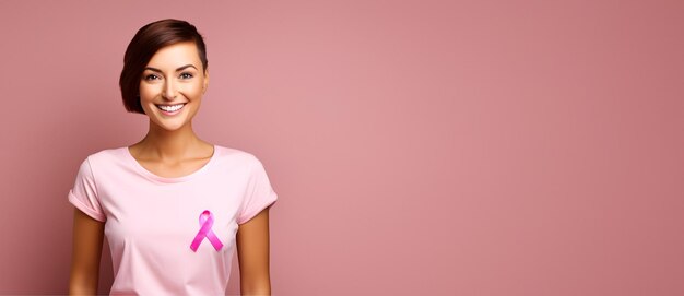 женщина в розовой футболке с розовой лентой для осведомленности о раке груди на изолированном розовом фоне