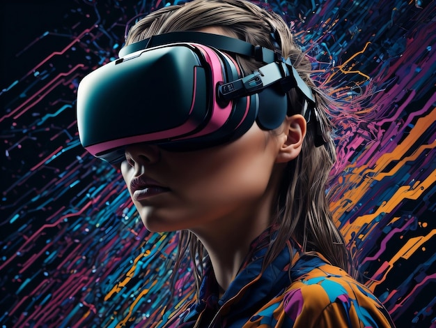 A woman wearing a pink virtual reality headset with a colorful background.