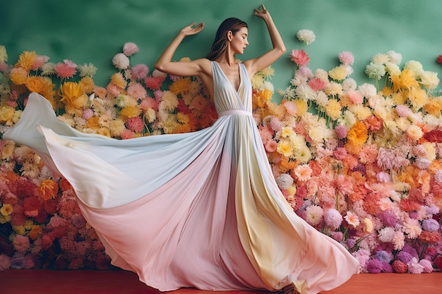 Женщина в бело-розовом платье с цветами Generative Ai