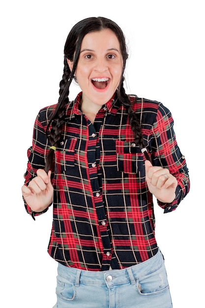 A woman wearing a plaid shirt that says'i'm a girl '